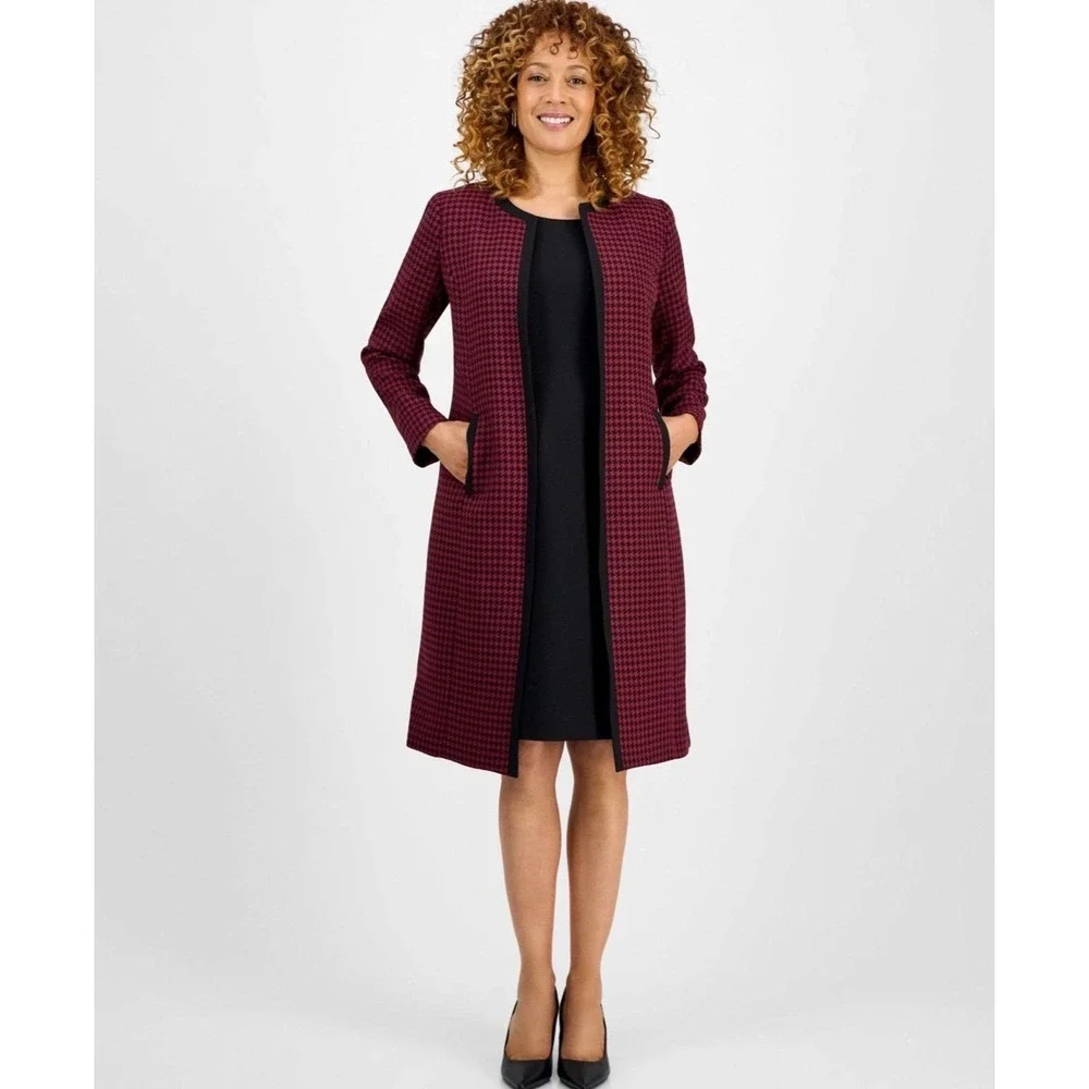 Le Suit Womens 2 Piece Houndstooth Topper Jacket and Sheath Dress Set Burgundy 6
